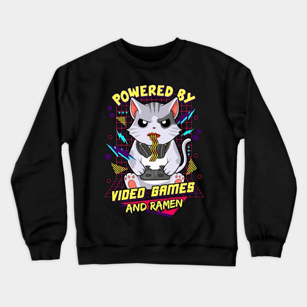 Powered By Video Games & Ramen Anime Cat Crewneck Sweatshirt by theperfectpresents